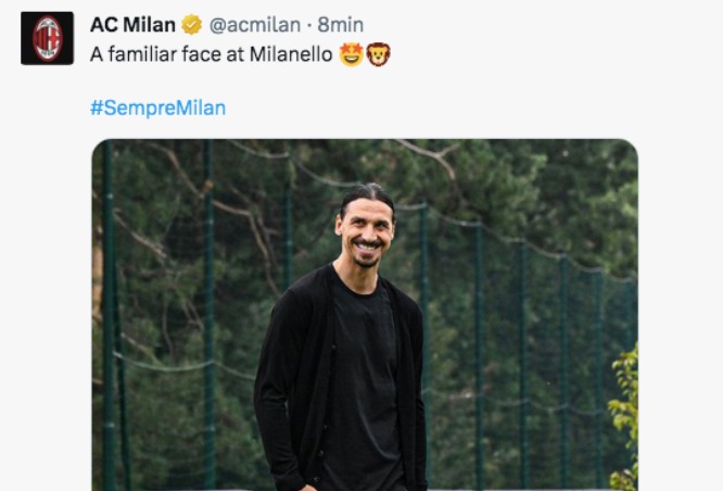 Zlatan Ibrahimovic oggi a Milanello. (screenshot Milan twitter - tvplay) 