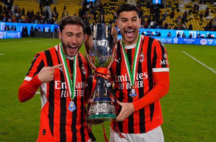 theo hernandez con calabria che alzano la supercoppa